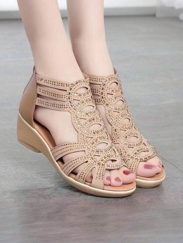 Plus Size Women's Rhinestone Wedge Strap Athletic Sandals, Comfortable Versatile Fashion Mom Shoes, Roman Style Ladies Sandals