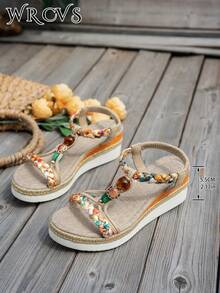 WRCVS 女士米色凉鞋，夏季厚底坡跟鞋，绳底，波西米亚风格手工串珠编织图案，波西米亚增高户外坡跟凉鞋