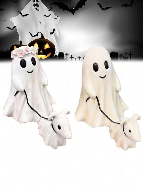 1 Peça Estátua de Cachorro Fantasma Caminhando: Fantasma Puxando Cão Provocando Ornamento de Resina de Halloween