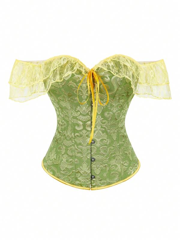 Plus Size Vintage Lace Trim Overbust Corset, Strapless Retro Jacquard Bustier Top