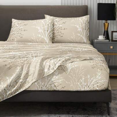 4 件卡其色植物叶子图案床单套件，易于护理超细纤维柔软床上用品套件，床笠套件（1 件床单+1 件床笠+2 个枕套），床笠套件，特大号双人床，全尺寸床单，深口袋，最大 11.8 英寸枕套，柔软透气防皱，更适合睡眠，豪华酒店风格，送给妈妈爸爸朋友的礼物，宿舍床上用品，回到学校