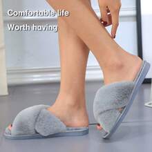 Local Delivery--LZLER Women's Cross Band Slippers, Soft Plush Fleece Lightweight Non Slip Open Toe Flip Flop Shoes House Indoor Outdoor Fur Fuzzy Slippers - 灰色 - 查看 2