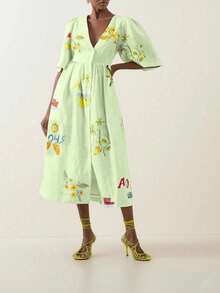 New Fashion Random Print V-Neck Flare Sleeve Loose Casual Dress For Women, Boho Vacation Style, Spring/Summer - Pastel Green - View 8