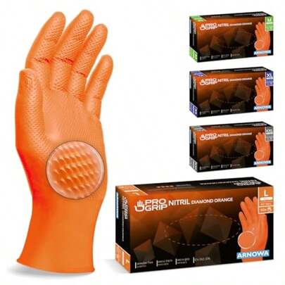 PROGRIP Disposable Gloves, Super Strong Nitrile Gloves, Orange Nitrile Gloves, L Size, 2X Thicker And Diamond Texture, Heavy Duty Mechanic Gloves, 50pcs/Box, Available In M, L, XL, XXL Sizes