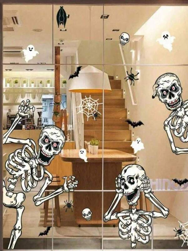 1 Set Of 4pcs Halloween Skeleton Window Clings Stickers, Decor For Haunted House Glass Wall, Party Supplies Wall Decor Wall Sticker Room Decor Wall Stickers Halloween Decor Home Decor Fall Decor