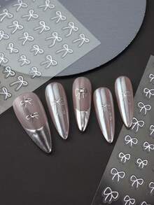 蝴蝶结指甲贴纸，2 张可爱指甲贴花银色蝴蝶结指甲贴纸 3D 美甲设计贴纸自粘蝴蝶结指甲用品女士 DIY 美甲配件