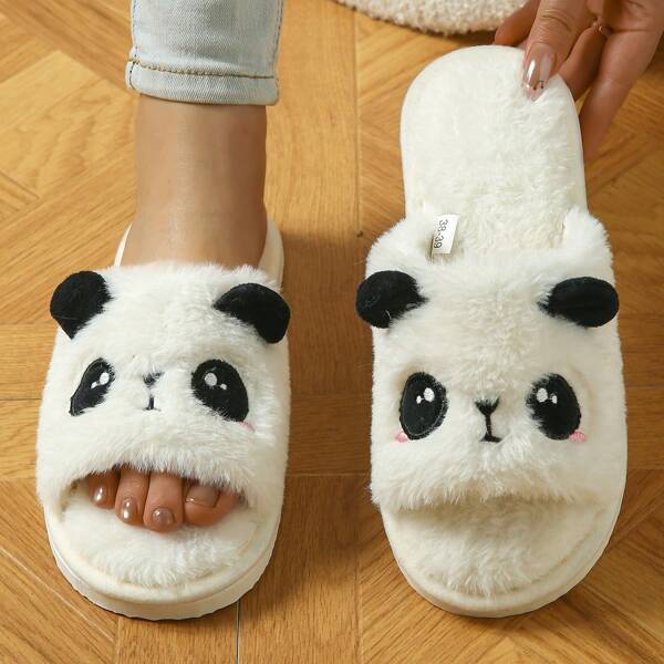 Pantuflas interiores abiertas de dedo diseño de panda adorable, pantuflas de pareja estilo Kawaii de peluche con suelas de EVA y forro de tela suave, uso en todas las estaciones, pantuflas casuales de casa talla grande hombre