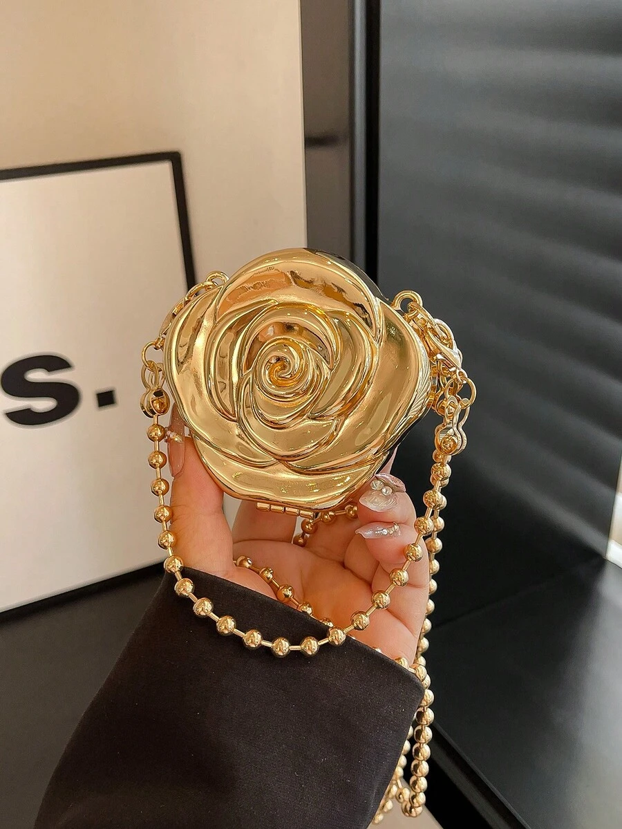 Unique Mini Floral Box Bag, Sweet And Spicy Charm, Chain Strap Shoulder And Crossbody Clutch Bag - Gold - View 1