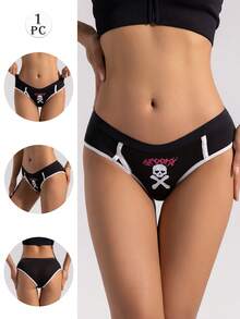 Aofeiqike 加大码女式骷髅印花舒适透气中腰低腰内裤，运动风格深色美学内衣 - 黑色 - 查看 1