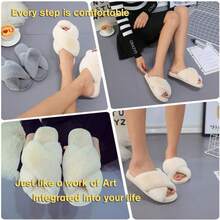 Local Delivery--LZLER Women's Cross Band Slippers, Soft Plush Fleece Lightweight Non Slip Open Toe Flip Flop Shoes House Indoor Outdoor Fur Fuzzy Slippers - 米色 - 查看 4