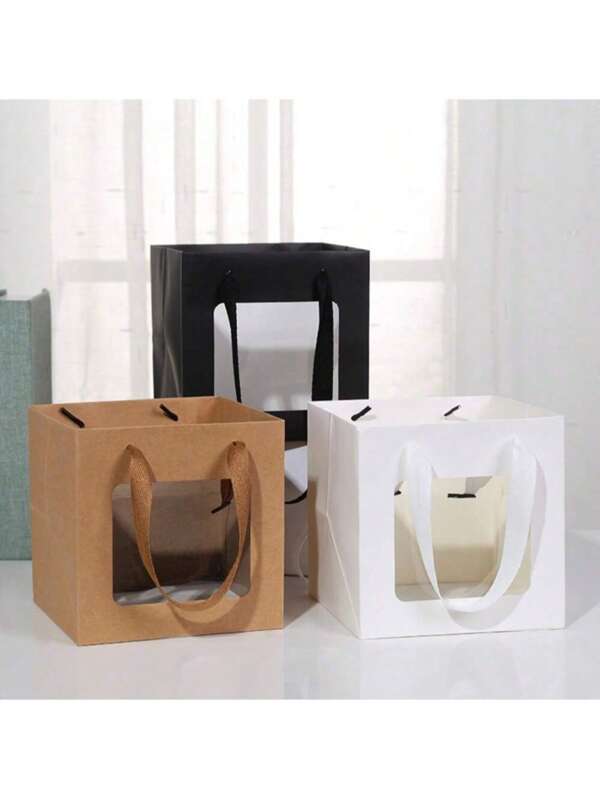 5PCS, 15*15*15CM, Square Transparent Window Kraft Paper Bags, Articles For Daily Use Packaging Handheld Bags, Birthday Gift Boxes, Small Potted Plant Flower Paper Handbags, Perfect For Birthday, Wedding, Valentine's Day, Easter