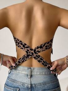 Sutiã Sem Alça Estampado de Onça Feminino, Alças Removíveis, Copos Acolchoados, Fecho Lateral, Bandeau, Costas Cruzadas, Casual-Confortável, Básico Simples Transparente Sem Fio Preto Sem Marcas, Sutiã Bralette Ajustável Estampado de Guepardo