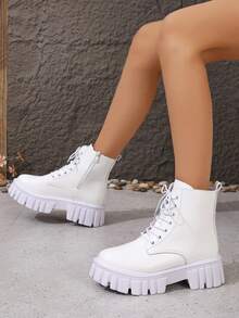 朋克风系带白色短靴，圆头厚底踝靴，英伦时尚百搭靴，适合春、秋、冬季穿着 - 白色 - 查看 4