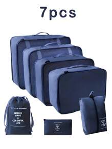 7 Stücke/Set tragbare Reise-Organizer Taschen - einfach zum Organisieren von Kleidung, Schuhen und Unterwäsche - ideal zum Packen von Koffern. Modische Reise-Beutel mit Slogan-Grafiken, geeignet für Schuhe, Toilettenartikel und Wäschebeutel, Schulmaterial, Deko für Studentenzimmer, Schlafzimmer-Aufbewahrung, Must-Haves für Studenten und Lehrer, Kleidungsorganizer, Reiseaccessoires, im Boho-Stil