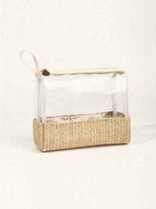 Bolsa de maquiagem transparente, bolsa de higiene pessoal, bolsa de cosméticos de viagem, bege, transparente, à prova d'água, de PVC, com zíper, bolsa de maquiagem compatível para mulheres e homens, pode ser usada para guardar cosméticos, artigos de higiene pessoal, roupas de banho, protetor solar, lanches, faixas de cabelo, artigos de papelaria, etc. Itens essenciais de viagem, férias, verão, volta às aulas, bolsa de material escolar para a escola, bolsa de higiene pessoal, bolsa de viagem à prova d'água