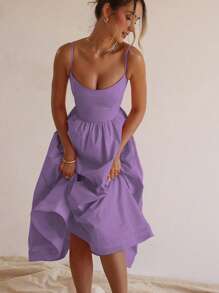 Solid Color Sexy U-Neck Ruched Waist Cami Mini Dress