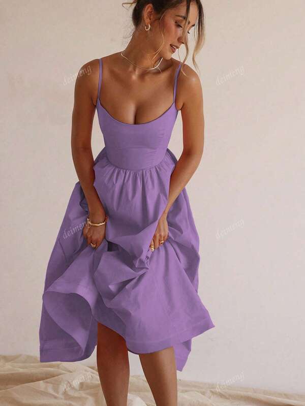 Einfarbiges sexy U-Ausschnitt Rüschen Taille Cami Mini Kleid