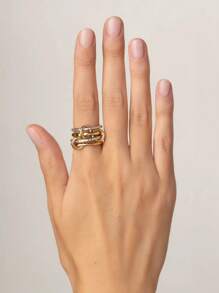 18K Gold Plated Copper Zirconia Multi-Layer Connecting Dual-Color Ring, Elegant & Cute Ring Suitable For Gifts, Parties, Dates And Daily Wear