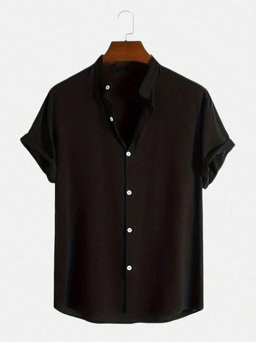 Men's Short Sleeve Linen Dress Shirt With Priest Collar - Summer Shirt - Cool Shirt - Beachwear - 黑色 - 查看 1