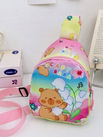 卡通风格水豚斜挎包 - 可爱的单肩包，配有可调节肩带、拉链开合和动物印花设计，适合购物、大学生和日常使用 | 俏皮的设计 | 柔软材质小号斜挎包