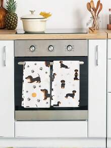 2pcs Dachshund Paw Print Kitchen Towels, Modern Cartoon Pattern, Kitchen Cleaning Towels For Drying Dishes