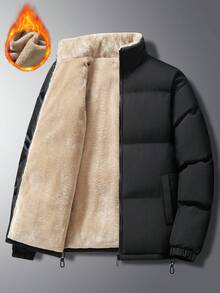 Men's Solid Color Long Sleeve Zipper Front Stand Collar Fleece Padded Coat , Zip-Up Business Casual Padded Coat, Autumn/Winter Outdoor Padded Coat,Thick Thermal Lined, Commuter Wear, Black Outerwear Men Men Jacket Winter , Fall - Black - View 1