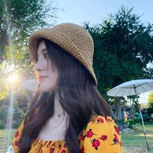 Classic Straw Braid Hat, Women's Beach Sun Hat, Versatile Bucket Hat, UV Protection, Spring/Summer Vacay Vibes Vacaciones Relax - Màu Khaki - Xem 6