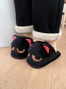 XIXITIAO 1 đôi dép bông ấm áp hình mèo đen mắt to dễ thương, dép đi trong nhà thoải mái cho nữ, thích hợp cho mùa thu/đông. - màu đen - Xem 5