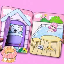 DIY 纸娃娃屋工艺套件 - 可爱卡通小狗屋、安静书籍材料、粉色可爱未完成工艺，需要切割和组装 - 彩色 - 查看 8