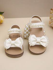 Girls' Fashion Adorable Big Bow Pearl Decor Outdoor Flat Sandals, Soft & Comfortable - Beige - View 3