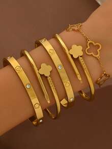 5pcs Stainless Steel Four-Leaf Clover Diamond-Encrusted Gold Bracelet Set, Not Easy To Fade, Inlaid With Zirconia, Fashionable And Elegant Golden Stainless Steel Bracelet For Ladies, Suitable For Daily Wear By Ladies,Jewelry Gold Jewelry Women Bracelets Accessories Women Stainless Steel Jewelry Bracelets For Women Western Jewelry - Gold - View 2