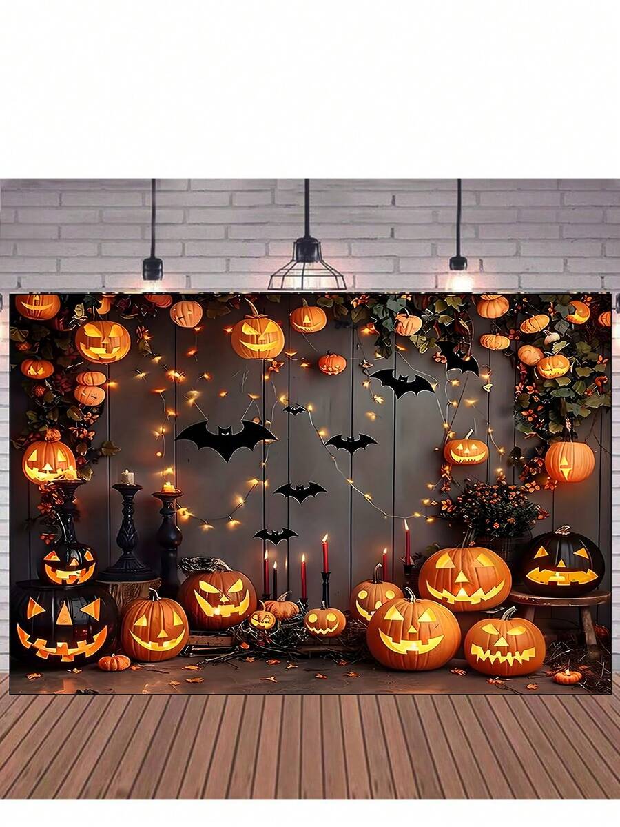 1 pieza/Tapiz de poliéster con bonito fondo de Halloween con calabazas aterradoras y murciélagos - Disponible en varios tamaños - Decoraciones colgantes de poliéster, para decorar en dormitorio, sala de estar, ventana, adecuado para fiesta de jardín, cabina fotográfica y celebración festiva, decoración de Halloween, decoración de fiesta temática - Multicolor - Ver 1