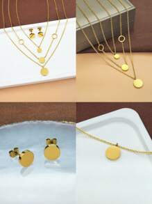 Women's Gold Layered Stainless Steel Necklace 18k Gold-Plated Exquisite Smooth Round Gold Coin Earrings Fashionable Layered Heart Cute Pendant Necklace Set Of Women's Ear Studs Gold Jewelry, For Valentine's Day, Wedding Season, Anniversaries, Mother's Day, Gifts For Family And Friends