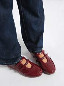 复古红色百搭玛丽珍女鞋，2025春季新款休闲圆头平底鞋【尺码偏小，请参考尺码表】，芭蕾平底鞋