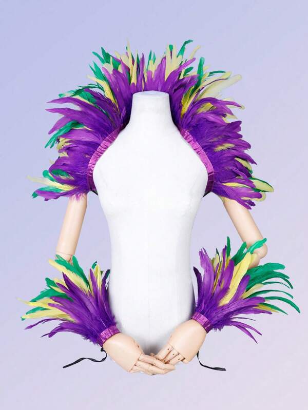1pc Women's Fashion Mixed Color Feather Cape And 1 Pair Feather Cuffs Combo, Carnival/Costume Party Accessories