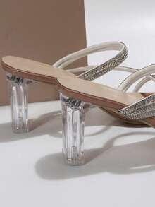 法式方头绑带水钻素色简约优雅仙女风格方头粗跟凉鞋，适合女士，夏季户外时尚法式水钻高跟鞋，适合通勤、约会、商务、购物、派对 - 杏色 - 查看 5