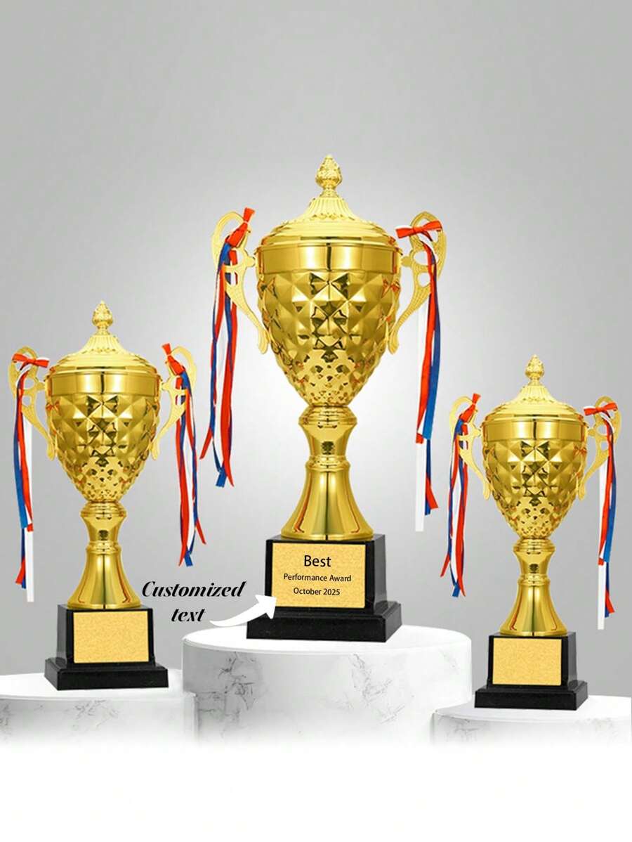 أكواب معدنية كبيرة مخصصة بأشكال الكرة القدم والكرة السلة والريشة، مصنوعة من السبائك الحديدية والبلاستيك abs، باللونين الذهبي والفضي، كؤوس تكريمية للمنافسات والبطولات في كرة القدم والتنس