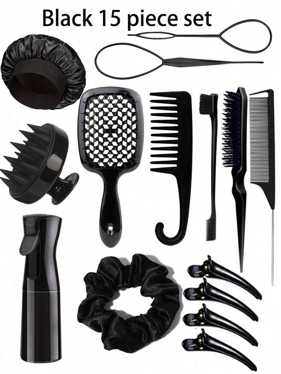 15 Piezas Juego de Cepillos y Peines para Peinado, 3/13 Piezas Peines, Peines de Púa, Peines de Cola de Rata, Cepillos de Bordes, Cepillos de Cabello, Rociador de Alta Presión, Horquillas, Anillos para el Cabello, Peines de Dientes Anchos, Gorros de Baño, Trenzadores de Cabello, Adecuado para Todo Tipo de Peinados, Vuelta al Colegio, Esenciales de Viaje y Vacaciones, Accesorios de Cabello para Mujeres