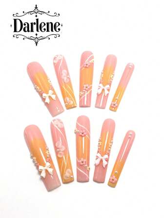 10-Piece 5.5 Square Pure Hand-Made Wearable Nails For Summer Manicure: Orange Blush Powder Small Flower Carving, Bowknot French Gradient, Modeling Gel Three-Dimensional Carving, Deep V Sugar Powder French Blue Gradient, Mirror Powder Purple French Three-Dimensional Cherry Smudge, Five-Color Gradient. Personalized, Elegant And Versatile, Suitable For Parties.