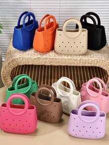 1pc EVA Solid Color DIY Hollow-Out Tote Bag, Waterproof Storage Basket, Beach Bag, Fashion Handbag - B - View 3