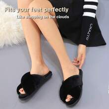 Local Delivery--LZLER Women's Cross Band Slippers, Soft Plush Fleece Lightweight Non Slip Open Toe Flip Flop Shoes House Indoor Outdoor Fur Fuzzy Slippers - 黑色 - 查看 3