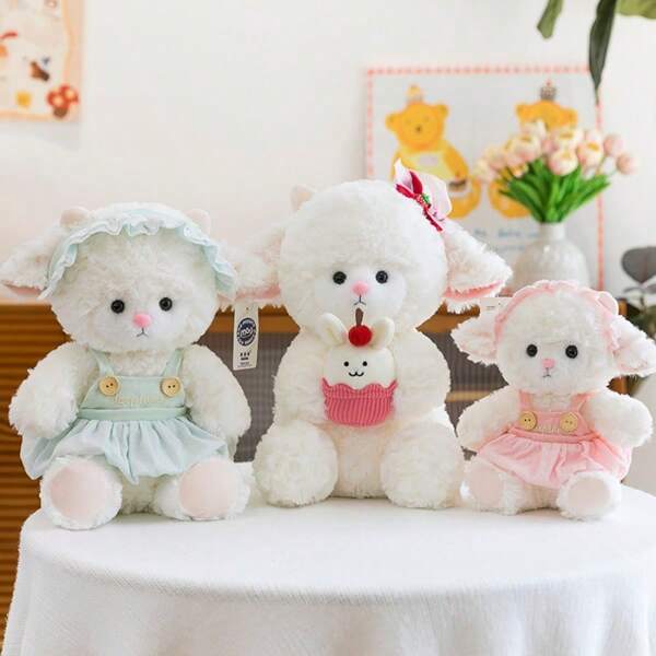 1pc Soft White Plush Doll With Red Bow And Cake - Cute Doll Suitable For Children, Wedding Souvenirs, Party Favors And Nursery Decor, Wedding Gifts | Decorative Doll | Polyester Fleece