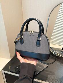 绗缝双提手圆顶包，简约设计拉链单肩包，纯色PU皮革斜挎包，便携式手提包