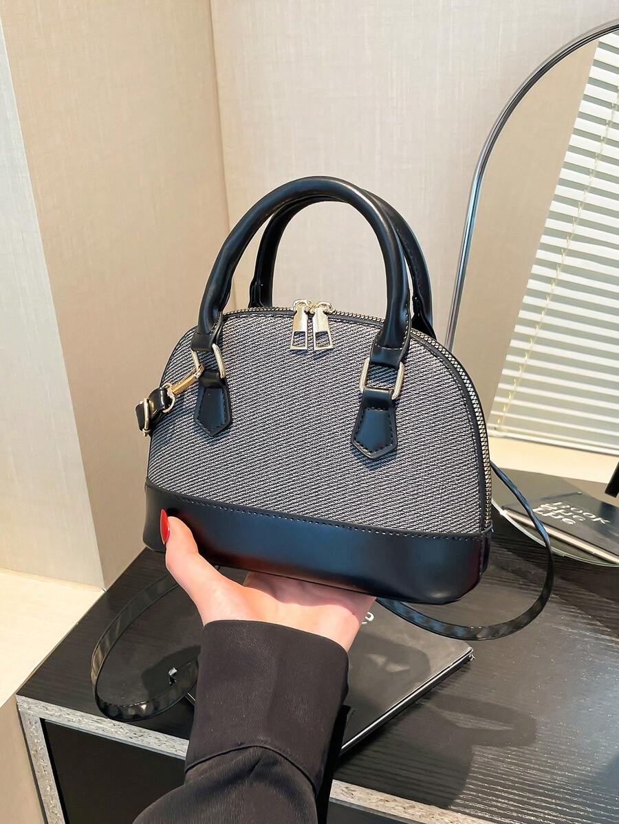 绗缝双提手圆顶包，简约设计拉链单肩包，纯色PU皮革斜挎包，便携式手提包