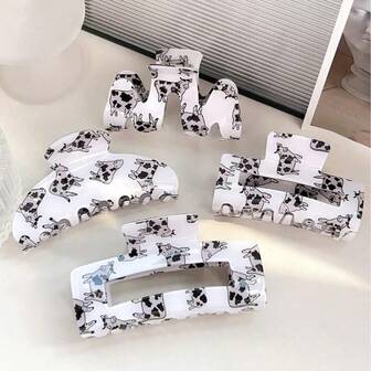 卡通奶牛图案方形爪形发夹，镂空发爪，可扎发髻，马尾辫发夹，冬季发饰