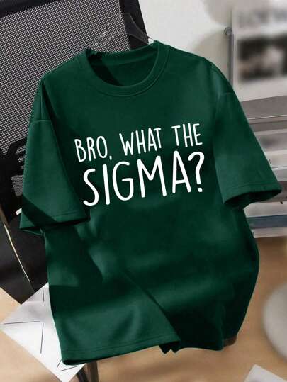 男童卡通标语印花圆领T恤，夏季休闲柔软上衣，1件装，男童圆领宽松T恤，印有爆款“Bro What The Sigma?”标语，面料柔软舒适，适合日常玩耍、休闲外出和春夏聚会。
