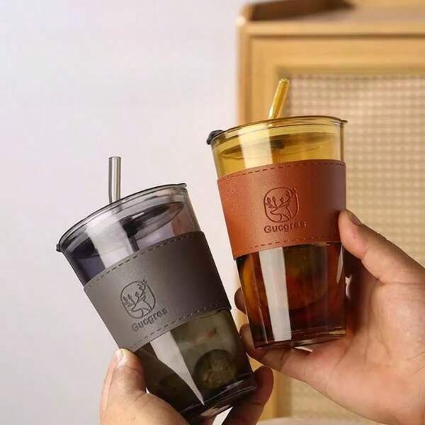 1 Glas Tasse 450ml Großer Fassungsraum mit Deckel, Milchtee Strohhalm Wassertasse, Frühstücks Kaffeetasse, Studentenbecher Glas Kaffeetasse mit Deckel Tee Milchtasse mit Strohhalm Trinkgeschirr Exquisites Geschenkglas