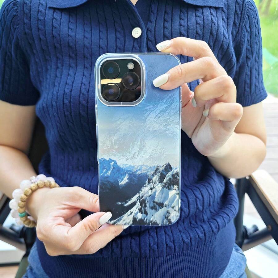 1个蓝白雪山、天空、山峰自然简约独特清新美丽云朵星空设计，不对称波浪IMD防震银色渐变冰箔金属激光闪亮艺术手机壳，适用于安卓//兼容OPPO/兼容VIVO/兼容荣耀//兼容红米/，防水防摔防刮，国际版，非国内版