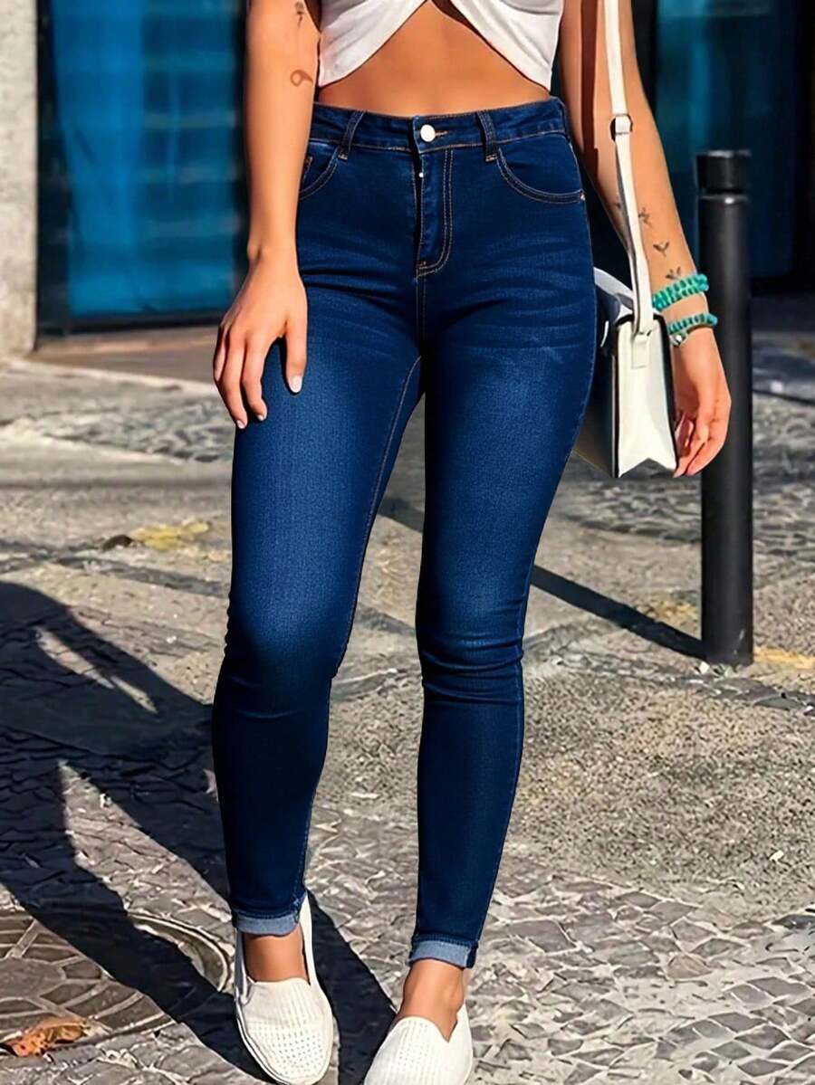 Pantalones vaqueros ajustados de tiro medio en azul oscuro, diseño sencillo y versátil - Azul lavado oscuro - Ver 1