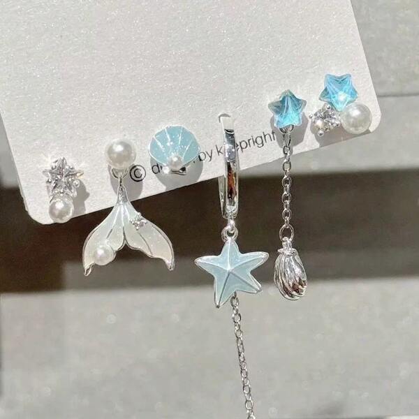 6pcs/Set Mermaid Tail, Seashell, Starfish Drop Earrings For Women, Fashion Tassels Earring Set